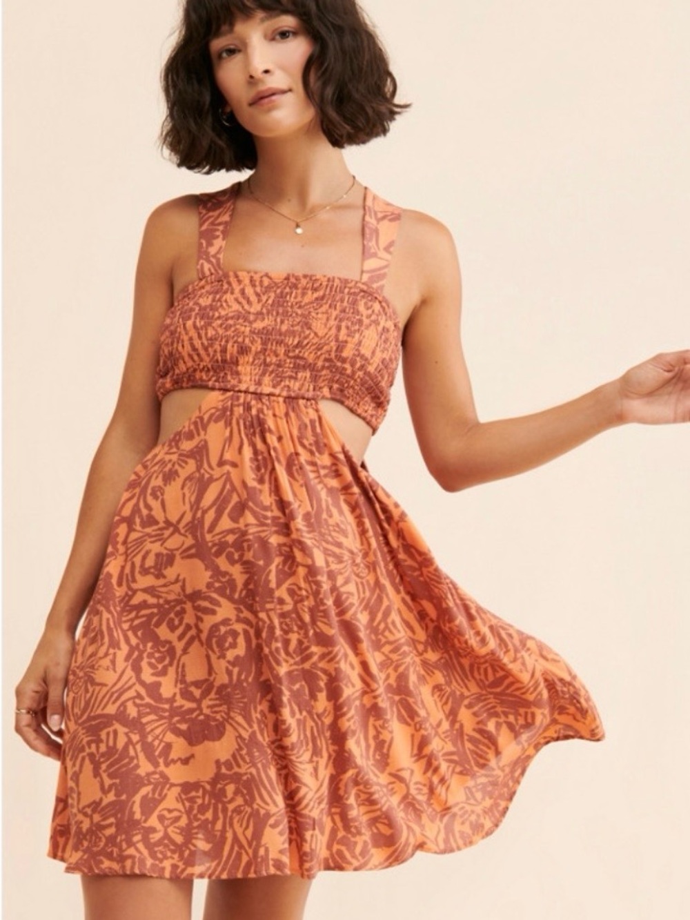 Anthropologie Rust and Terracotta Floral Cutout Mini Dress